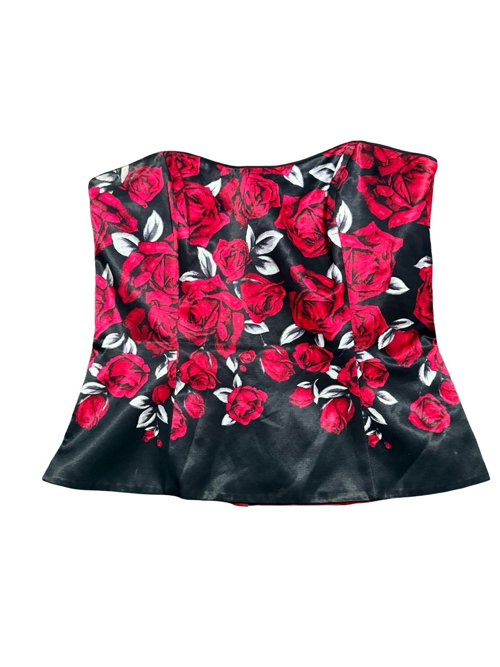 White House Black Market Black Strapless Satin bustier with Red Rose Print